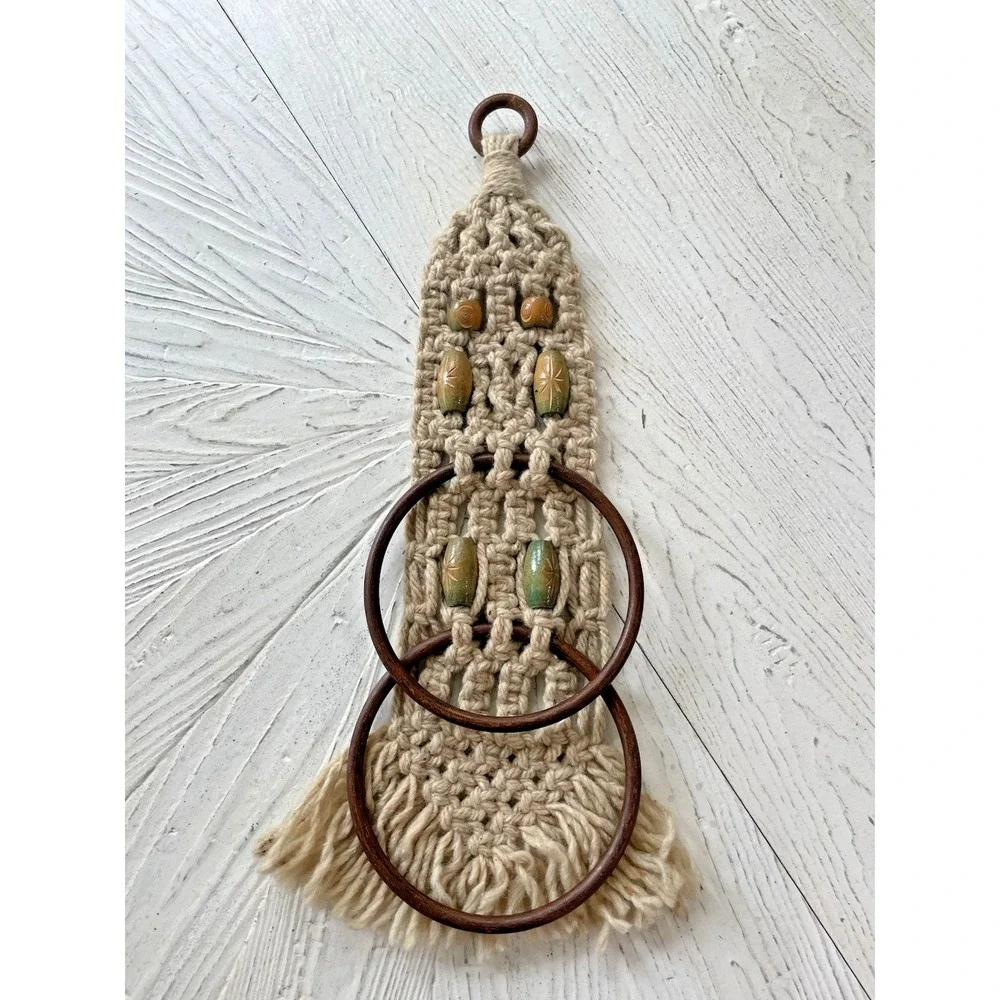 vintage Retro MCM Beige‎ Macrame Wall Hanging Double Hand Towel Ring Holder